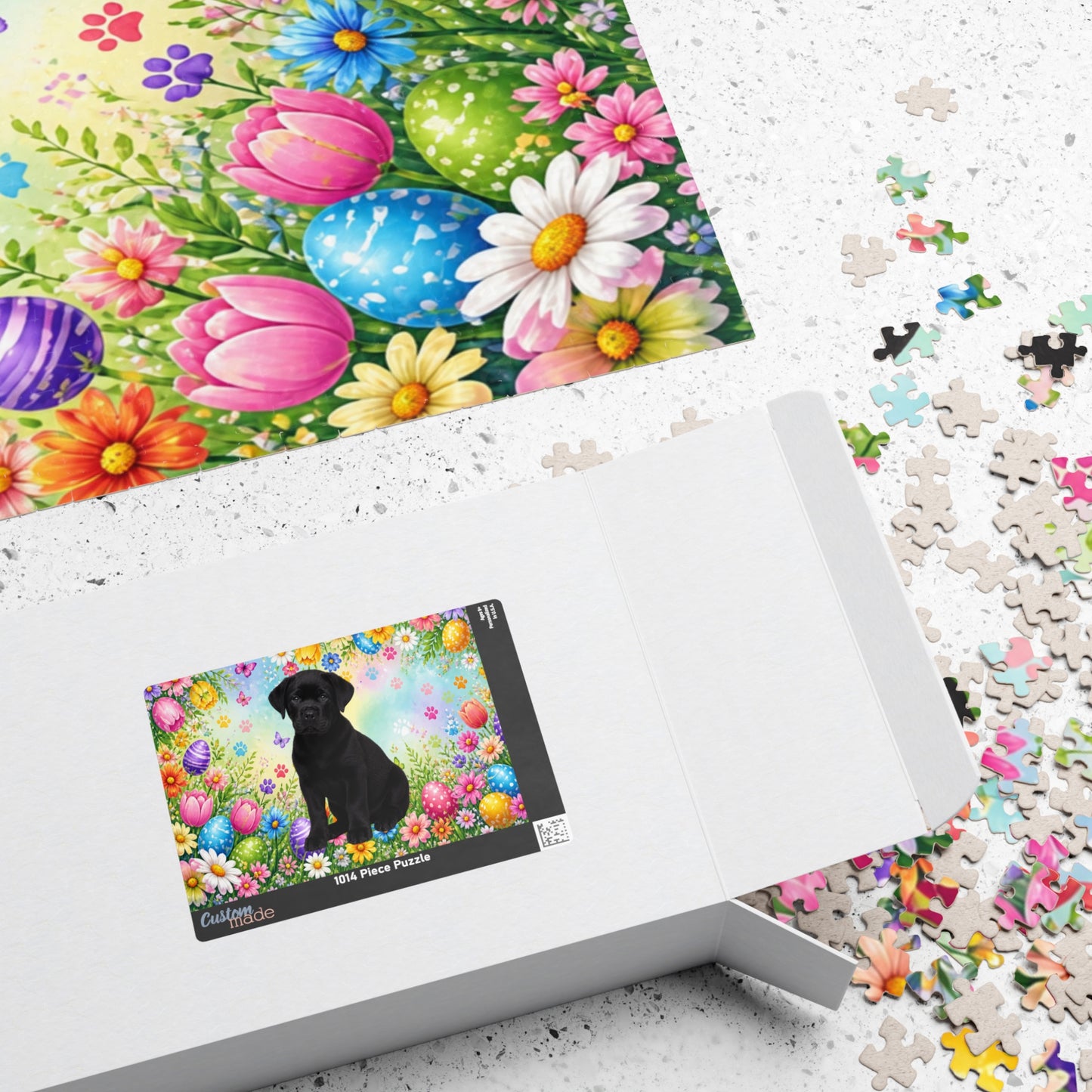 Rottweiler (Black) Easter Puppy Puzzle - Bold Spring Garden with Eggs and Wildflowers