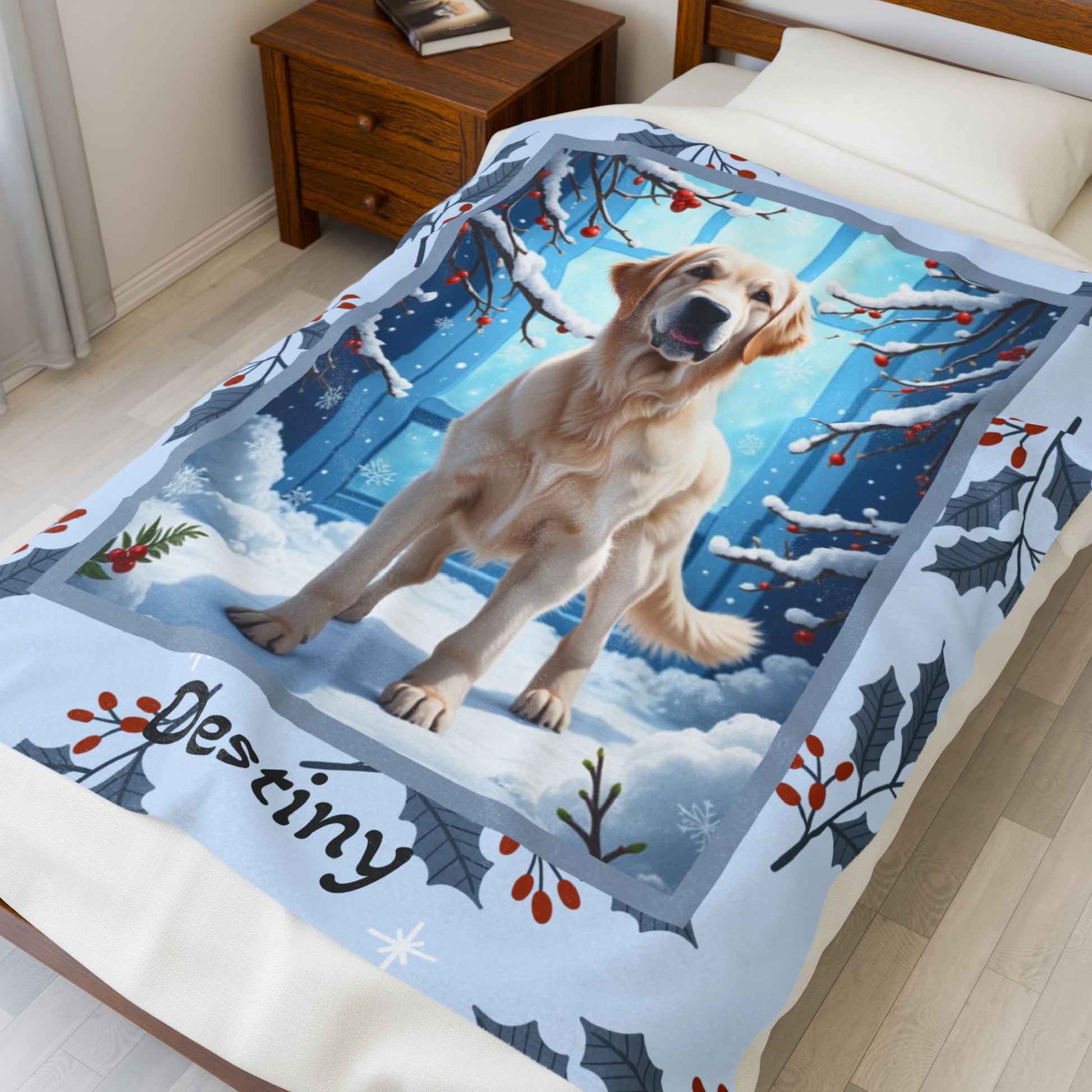 Golden Retriever White personalized winter throw featuring a white Golden Retriever in a cheerful lodge setting