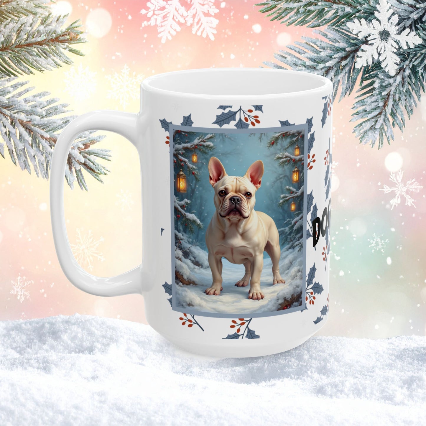 French Bulldog (Cream) Winter Mug - cream French Bulldog artwork standing in a bright winter setting with soft snowy details