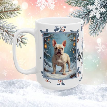 French Bulldog (Cream) Winter Mug - cream French Bulldog artwork standing in a bright winter setting with soft snowy details