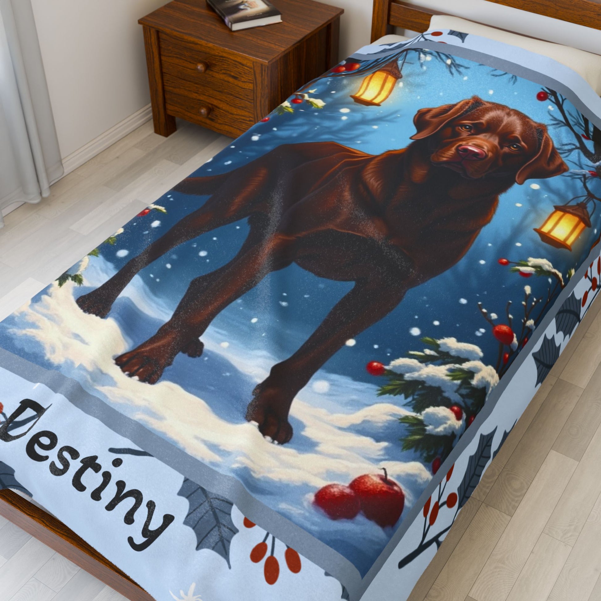 Labrador Retriever Chocolate personalized winter throw with friendly chocolate Lab artwork in a cozy lodge scene