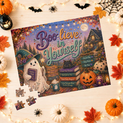 Boo-lieve in Yourself Halloween Puzzle - Ghost with Believe in Magic Book, Black Cat, and Affirmation Books