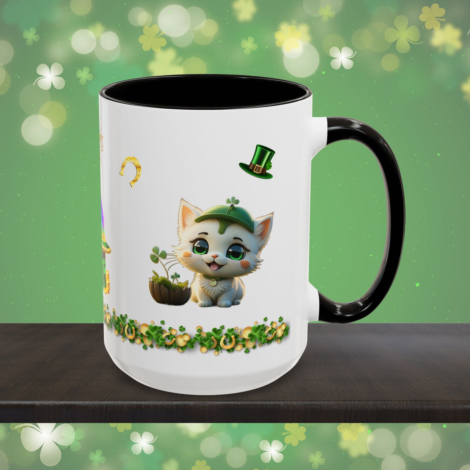 Clover Comfort Cat: St. Patrick's Day Two-Tone Coffee Mug - Festive Ceramic Mug for Positivity & Mindfulness