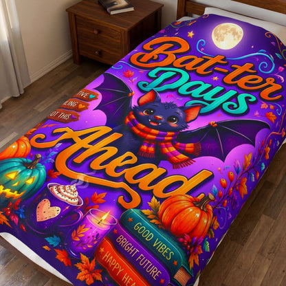 Bat-ter Days Ahead Velveteen Blanket - Bat with Stay Positive You've Got This Sign and Good Vibes Books