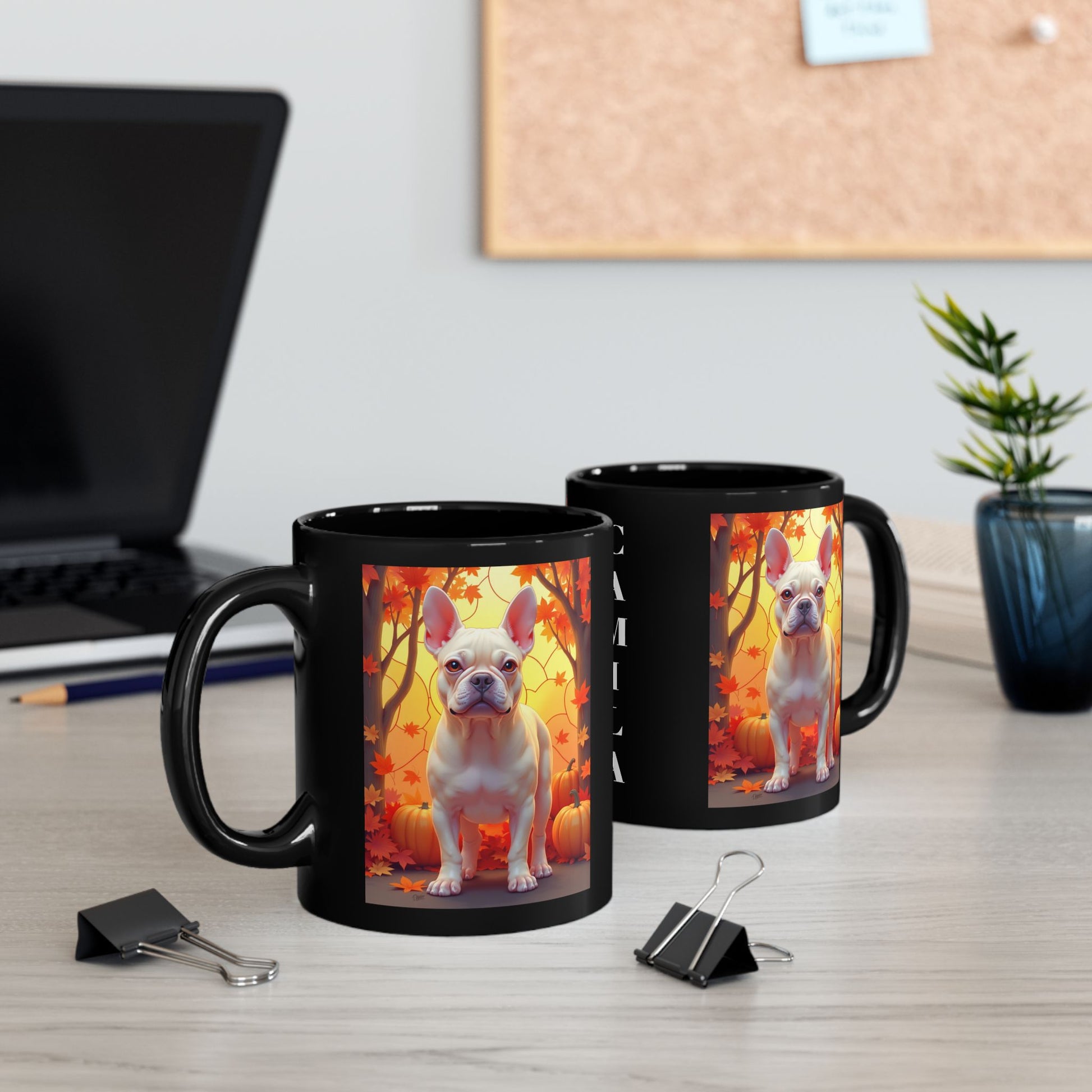 Cream French Bulldog Autumn Black Mug - Cozy fall Frenchie dog breed coffee mug