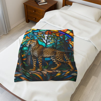 A soft cheetah blanket with stained glass-inspired artwork that adds wild beauty to any space.