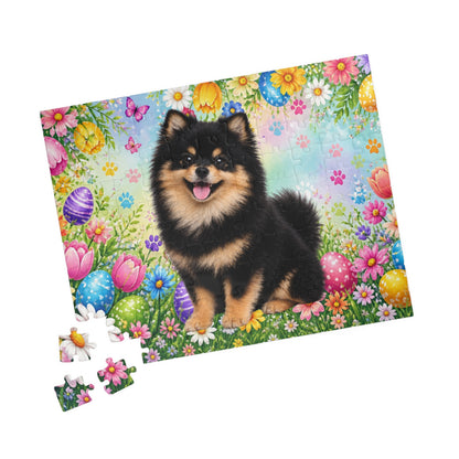 Pomeranian (Black & Tan) Easter Puppy Puzzle - Spring Garden with Eggs, Tulips, and Daisies