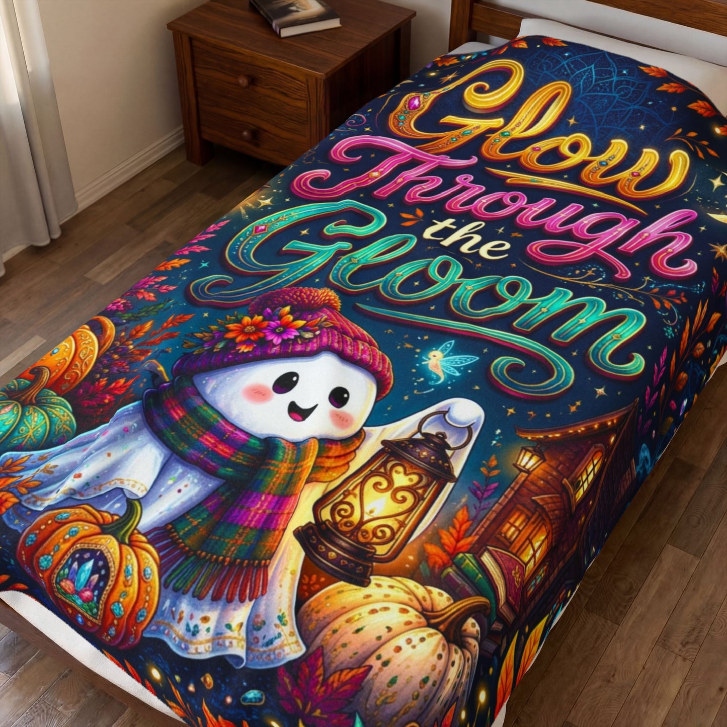 Glow Through the Gloom Velveteen Blanket - Ghost with Heart Lantern Jeweled Pumpkins and Cozy Cottage