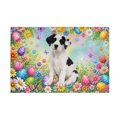 Great Dane (Piebald) Easter Puppy Puzzle - Spring Garden with Eggs, Tulips, and Daisies