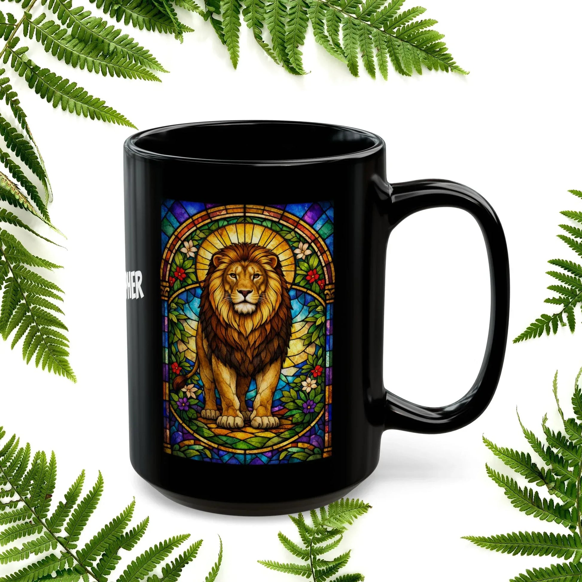 Shop our premium lion stained glass style black mug from MySisterIsASurvivor.