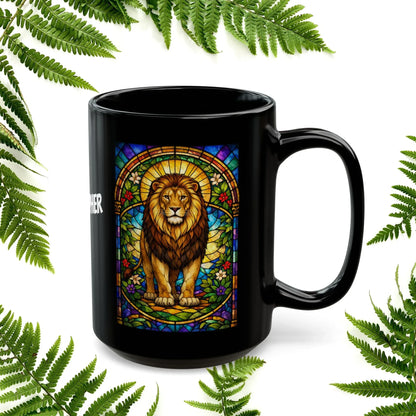 Shop our premium lion stained glass style black mug from MySisterIsASurvivor.