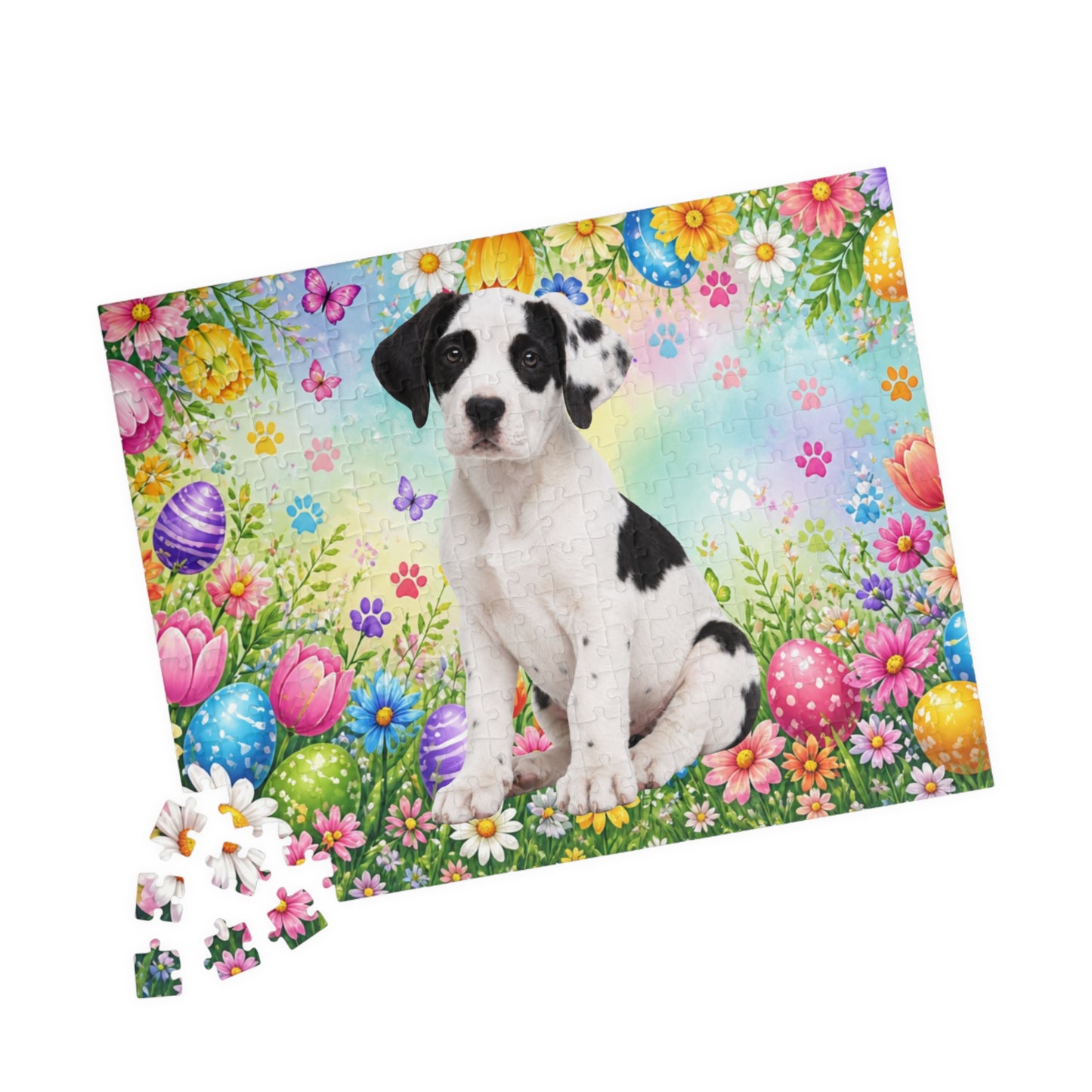 Great Dane (Piebald) Easter Puppy Puzzle - Spring Garden with Eggs, Tulips, and Daisies