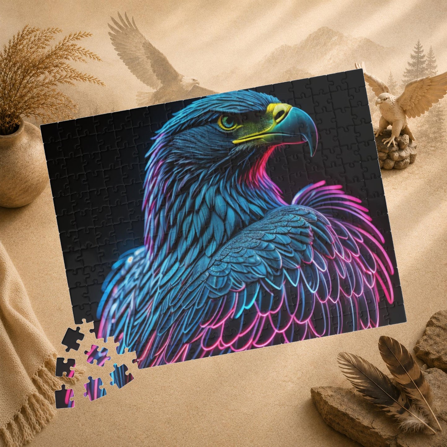 Wings of Resilience - Neon Eagle Portrait Puzzle with Teal Feathers and Pink Neon Outlines on Black