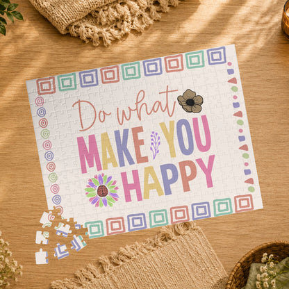 Puzzle with colorful text 'Do what makes you happy' and a flower design on a white background.