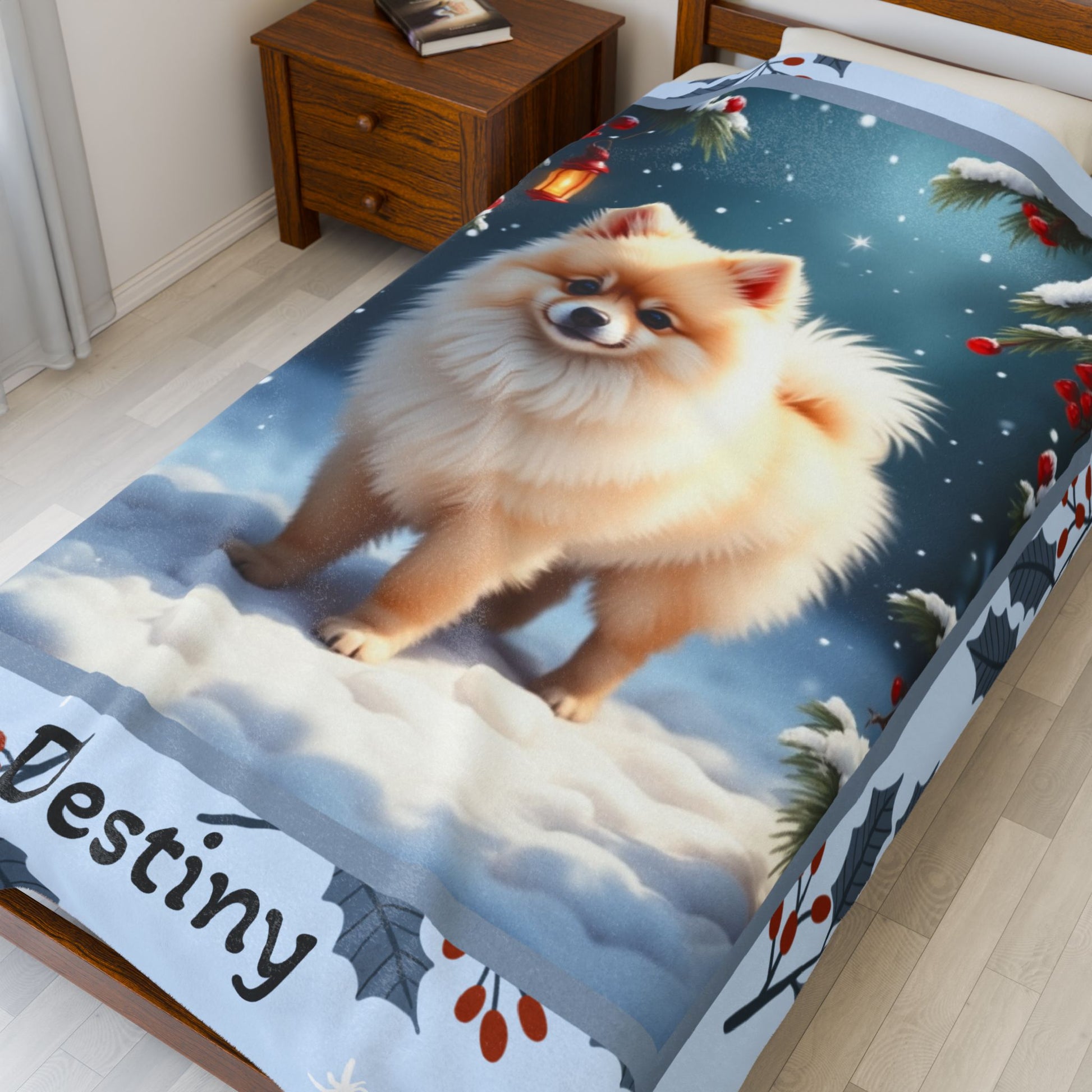 Pomeranian Cream personalized winter throw with soft cream Pom artwork in a cozy illustrated lodge setting