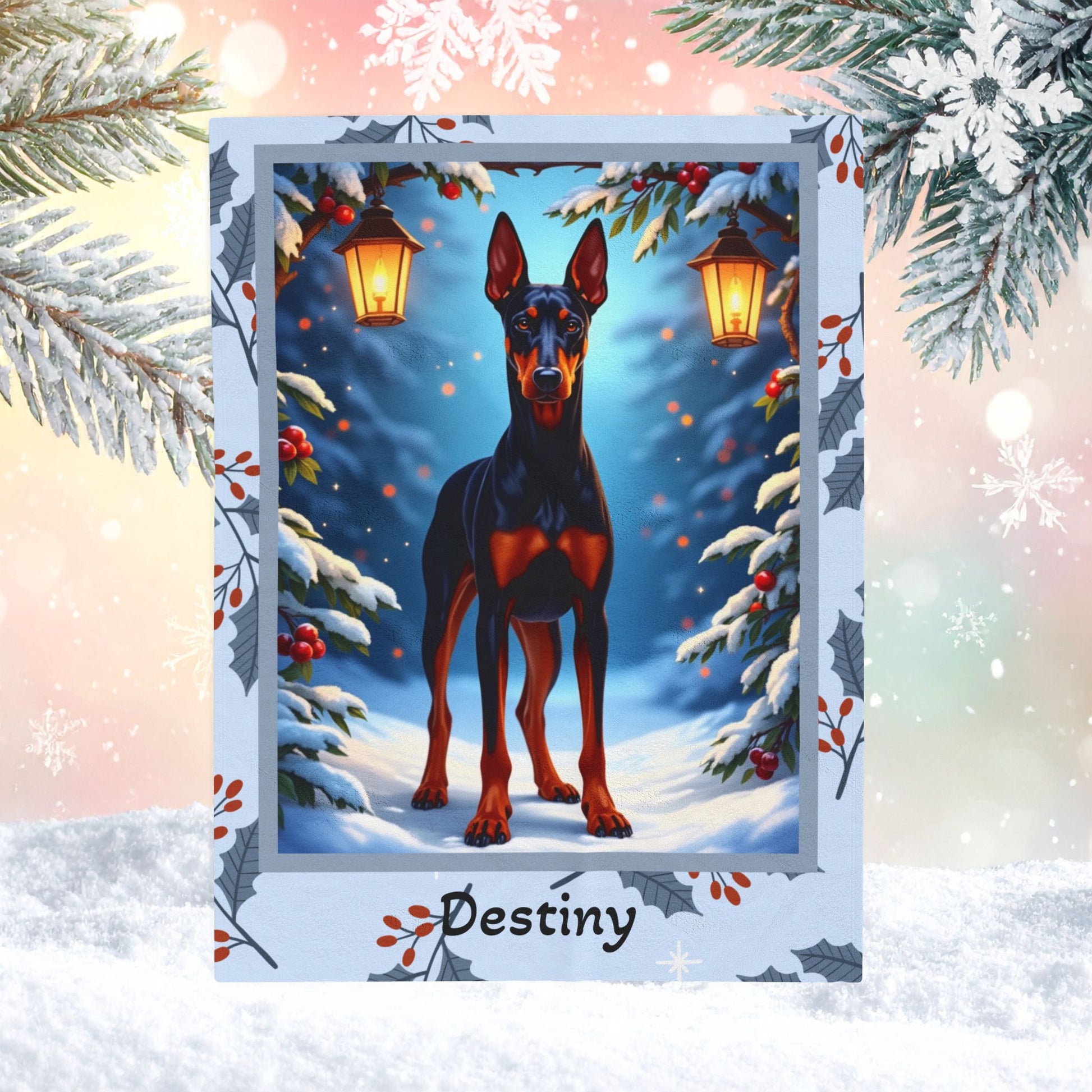 Doberman Black and Rust custom winter blanket featuring a sleek Doberman illustration in a cozy lodge-style winter scene