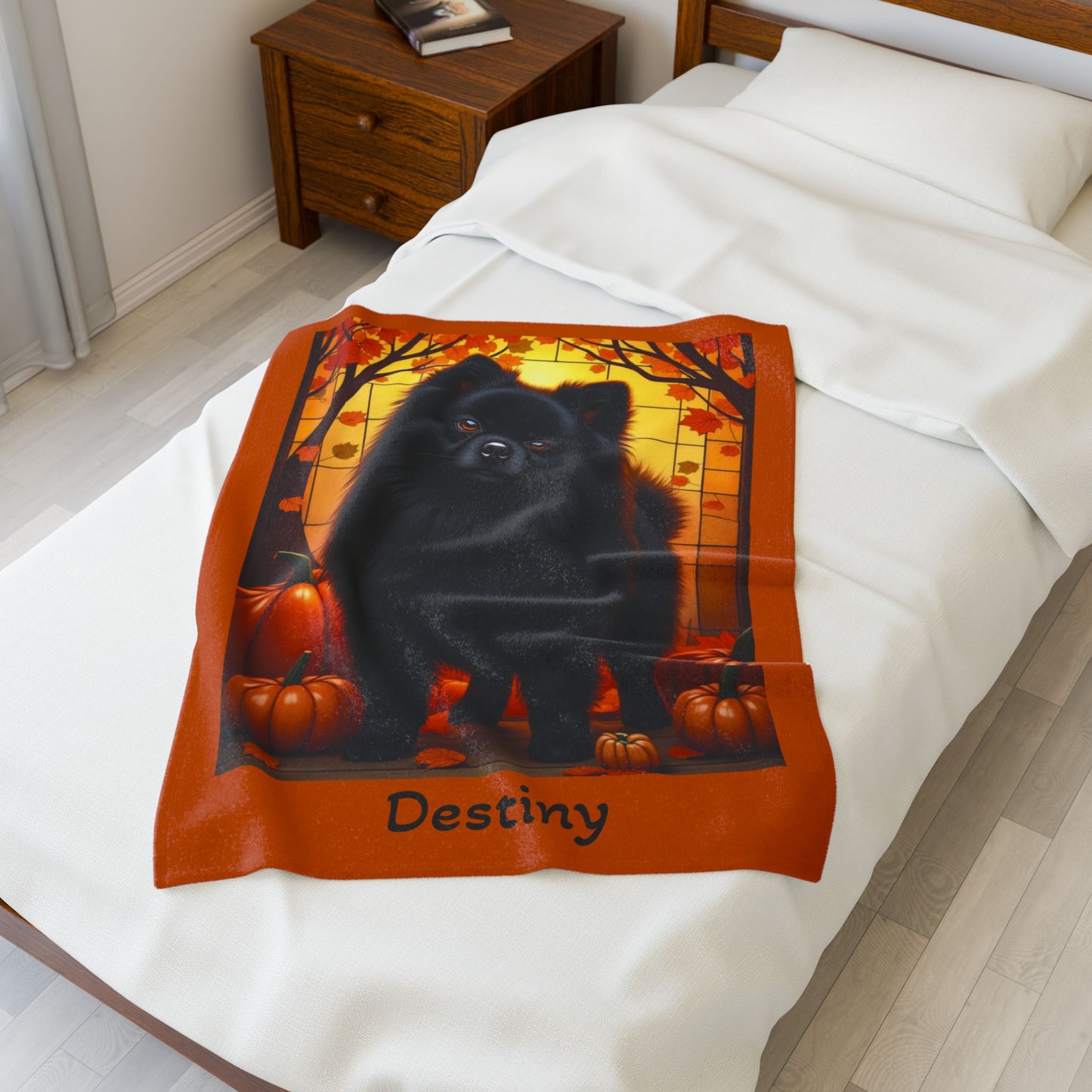 Pomeranian Black Coat Velveteen Plush Blanket, Cozy Dog Breed Throw Gift, Personalized