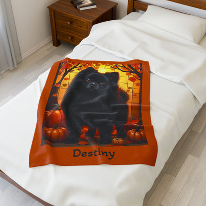 Pomeranian Black Coat Velveteen Plush Blanket, Cozy Dog Breed Throw Gift, Personalized