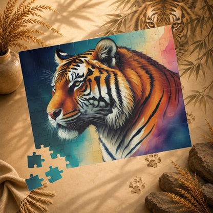 Striped Serenity - Painterly Tiger Side Profile Puzzle with Teal and Peach Gradient Background