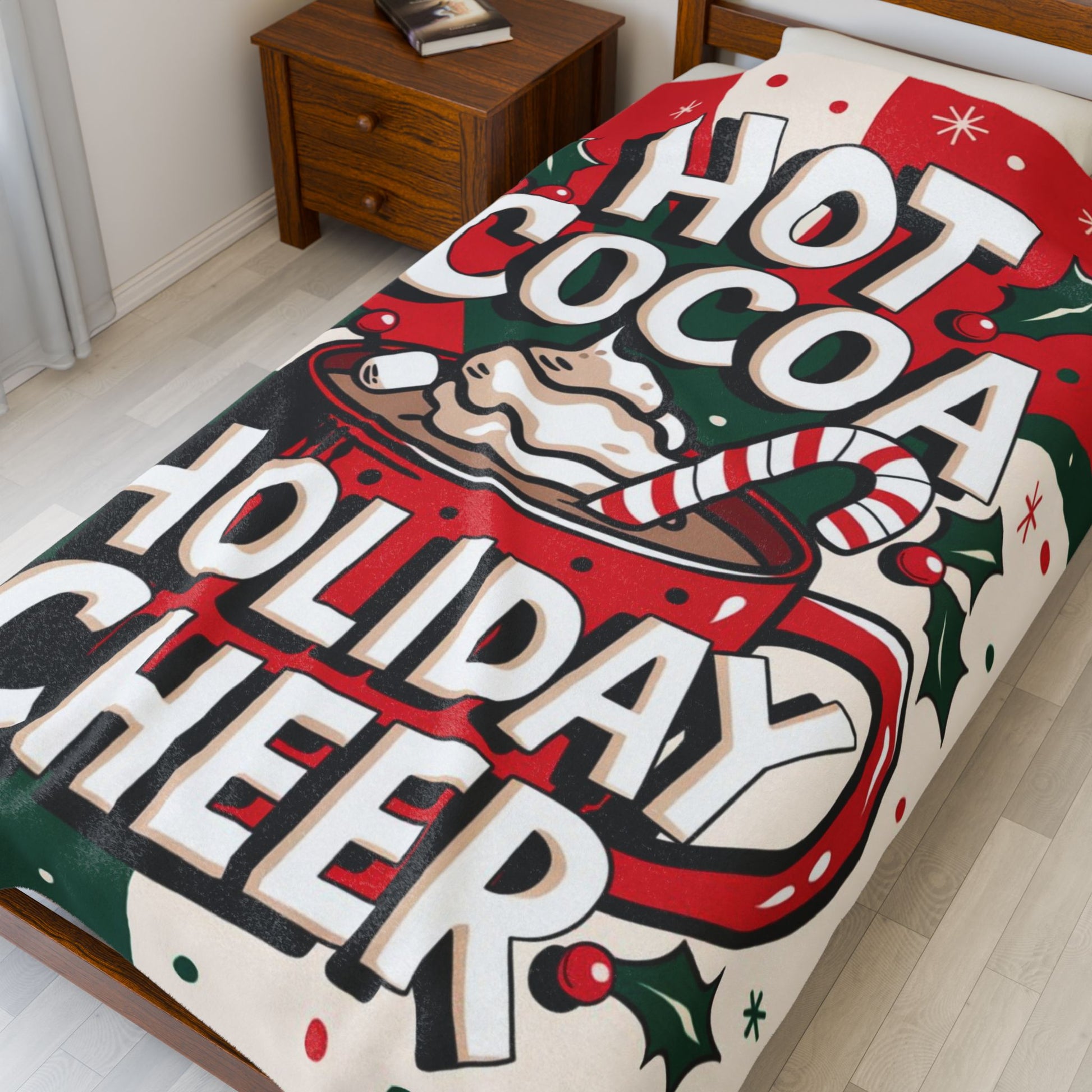 Holiday blanket “Hot Cocoa & Holiday Cheer” soft cozy throw with winter Christmas theme