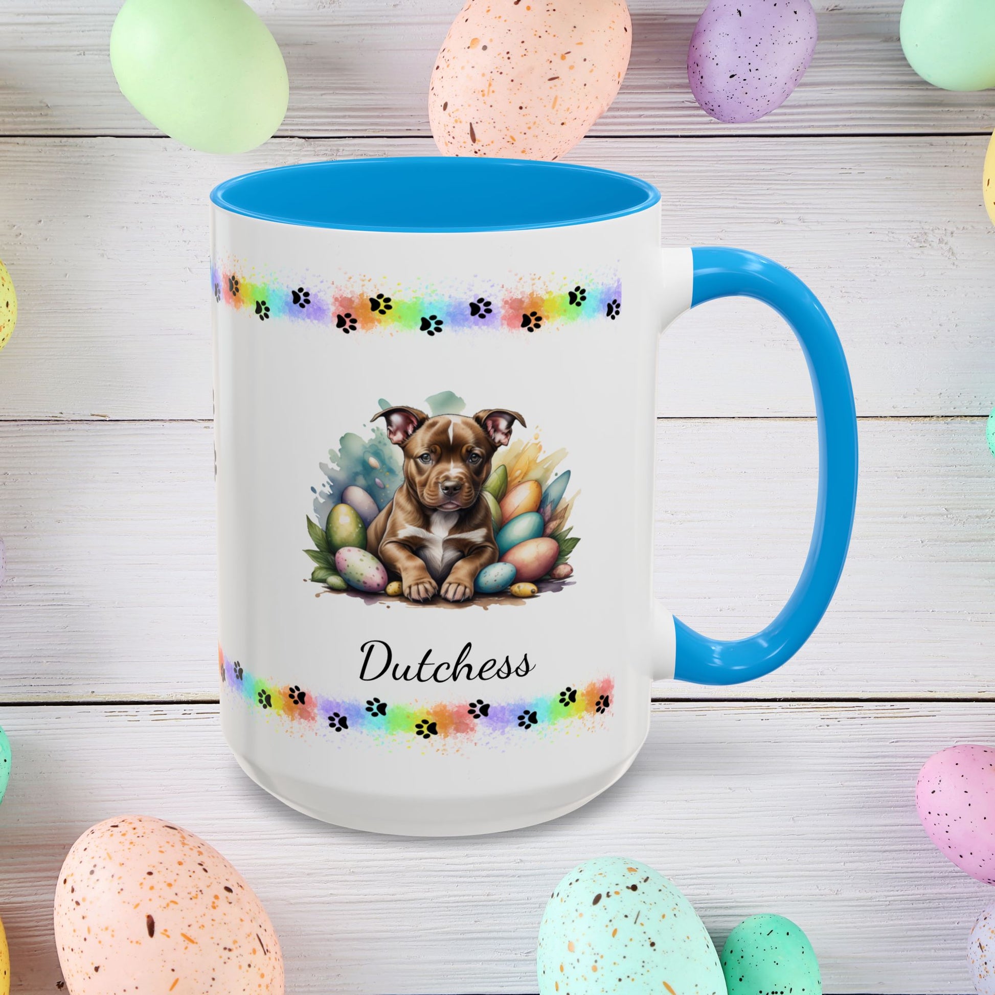 Pitbull (Brown): Personalized Easter Puppy Coffee Mug - Adorable Dog Design, Mental Health Gift, 11oz & 15oz, 12 Color Choices, Easter Gifts & Décor