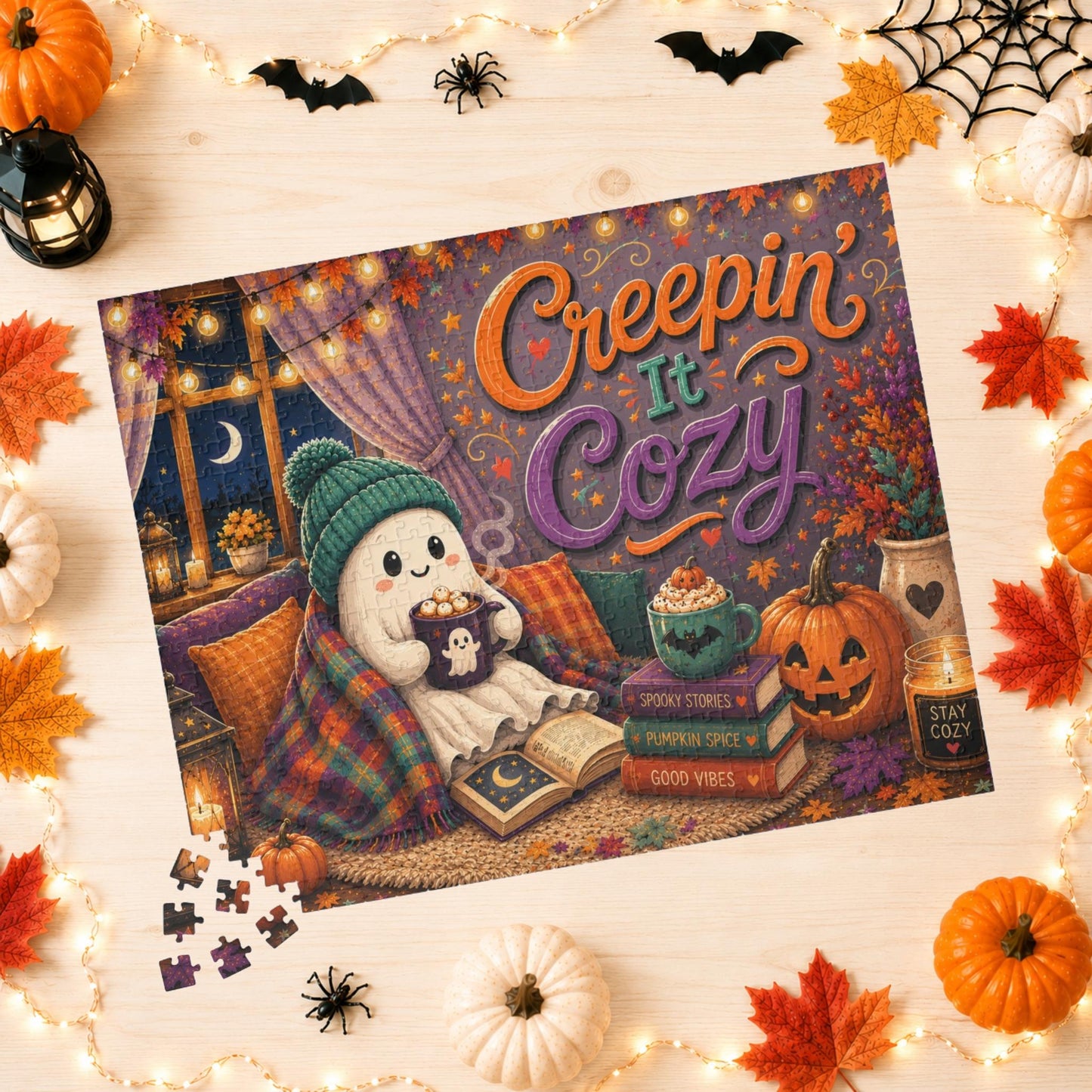 Creepin It Cozy Halloween Puzzle - Ghost in Beanie Reading by Candlelight with Pumpkin Spice Books
