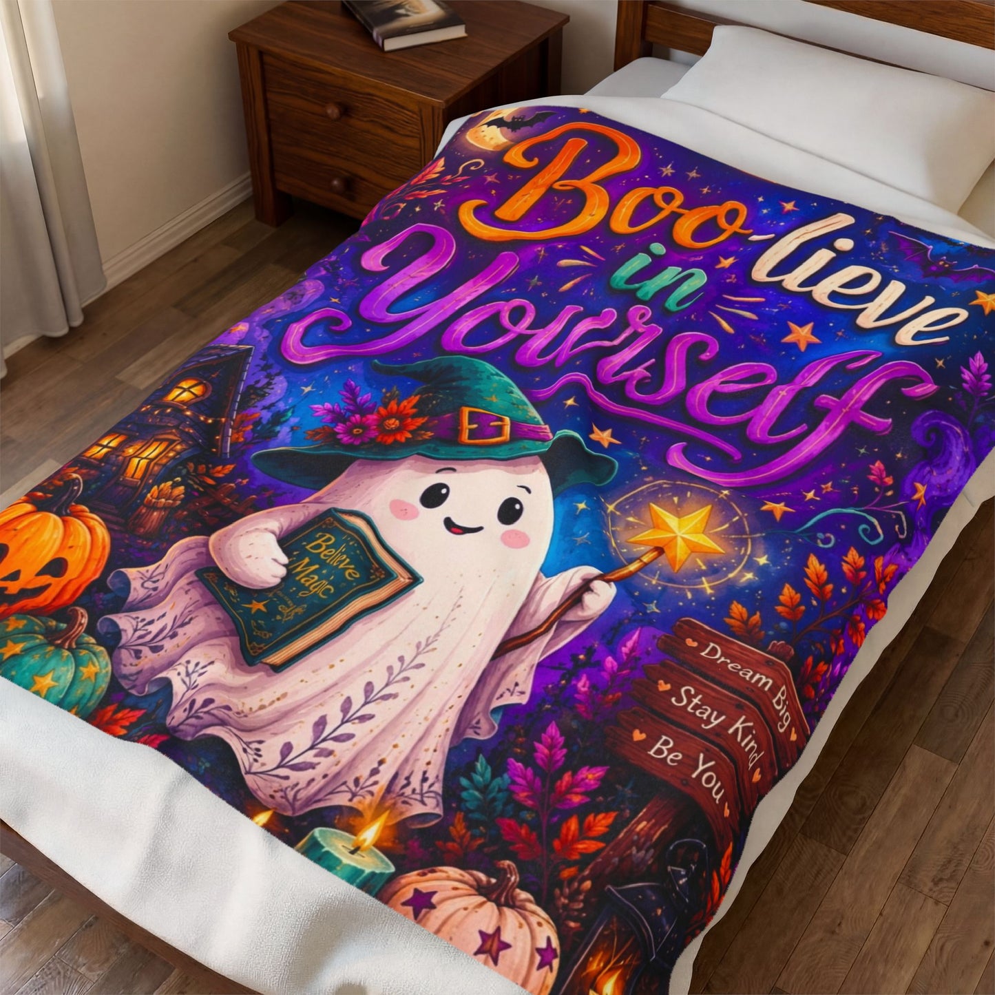 Boo-lieve in Yourself Velveteen Blanket - Ghost with Star Wand and Believe in Magic Book Dream Big Sign