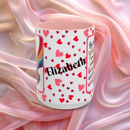 By Being Yourself Valentines mug featuring encouraging words, self love Valentine coffee cup design