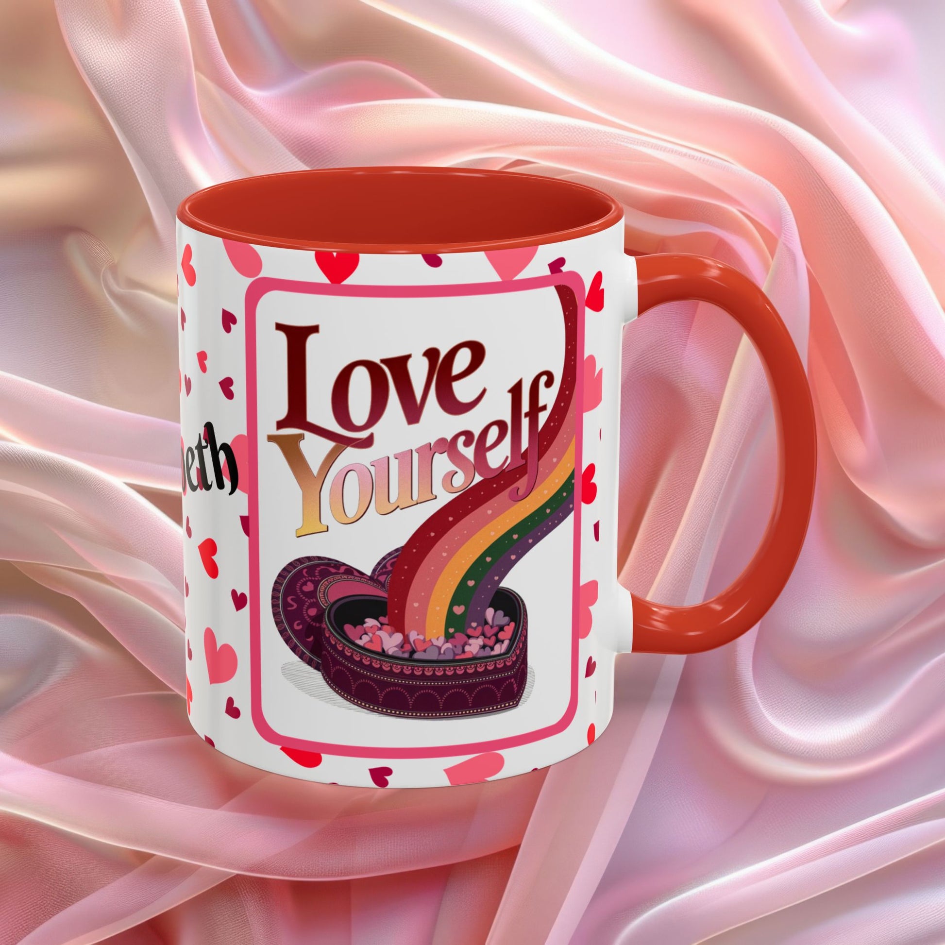 Love Yourself Valentines mug featuring self love message, Valentine themed ceramic coffee cup