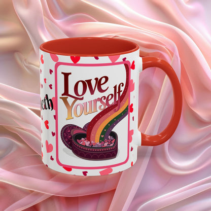 Love Yourself Valentines mug featuring self love message, Valentine themed ceramic coffee cup