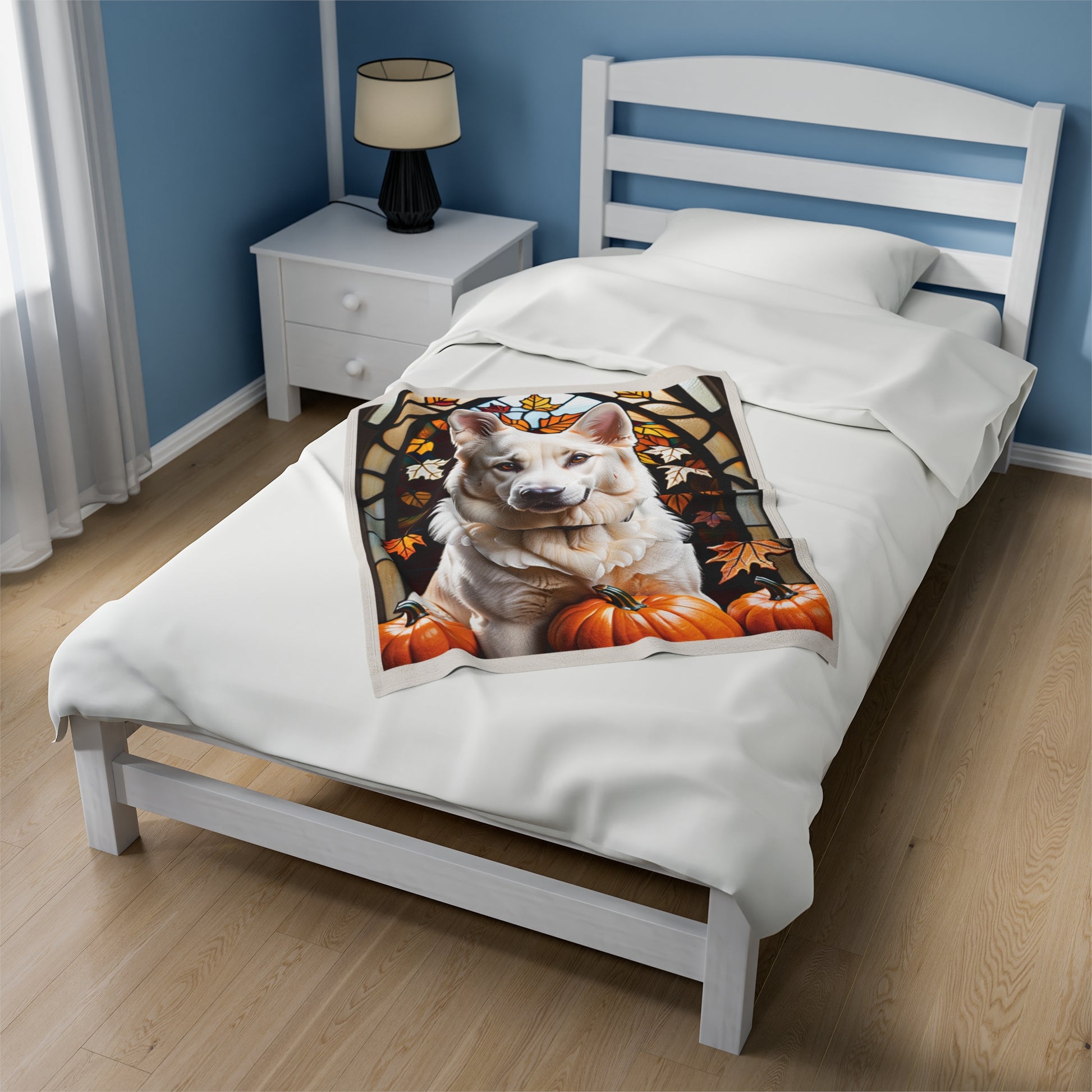 Colorful White German Shepherd plush blanket with stained glass pattern, velveteen throw for dog lovers