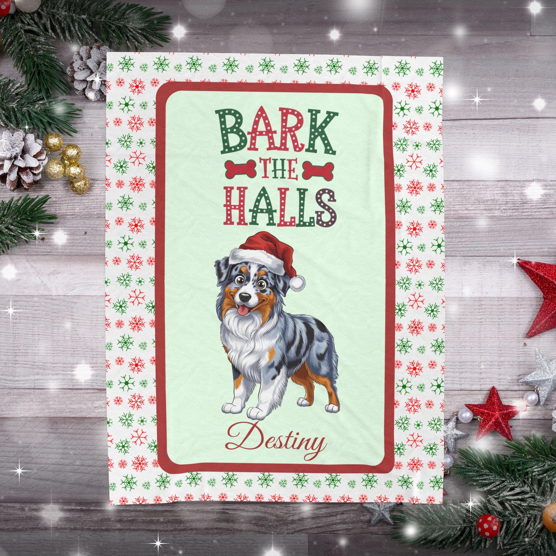 Blue Merle Australian Shepherd personalized velveteen blanket, cozy bark the halls dog throw