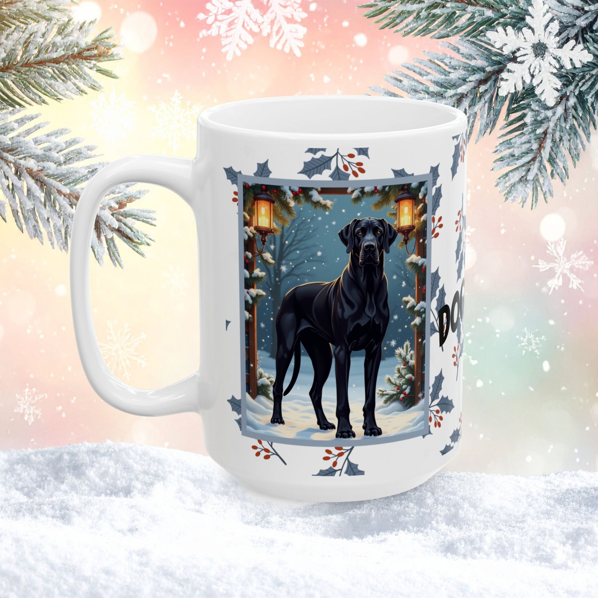 Great Dane (Black) Winter Mug - black Great Dane illustrated standing tall in a winter setting with snowy background