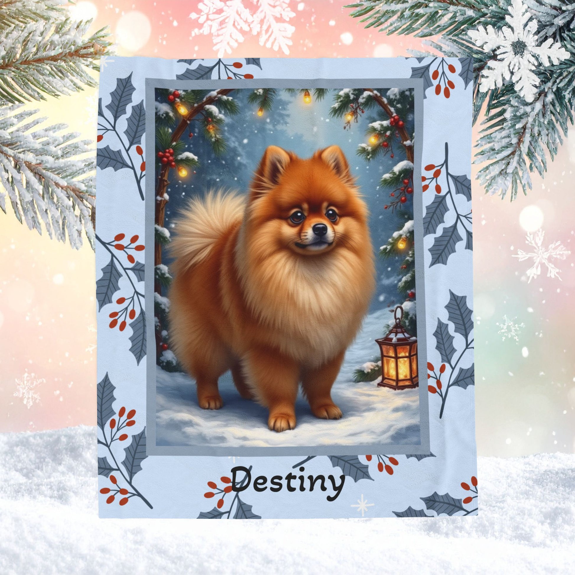 Pomeranian Orange personalized winter throw featuring a cheerful orange Pom in a cozy lodge winter scene