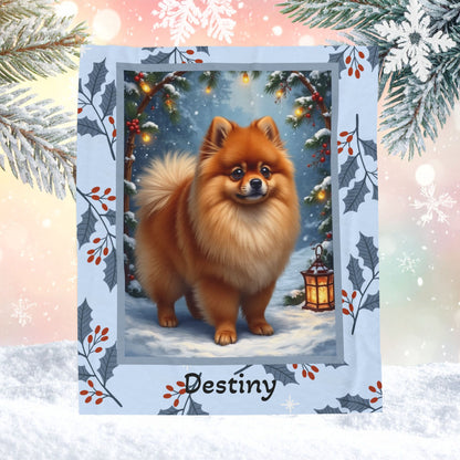 Pomeranian Orange personalized winter throw featuring a cheerful orange Pom in a cozy lodge winter scene