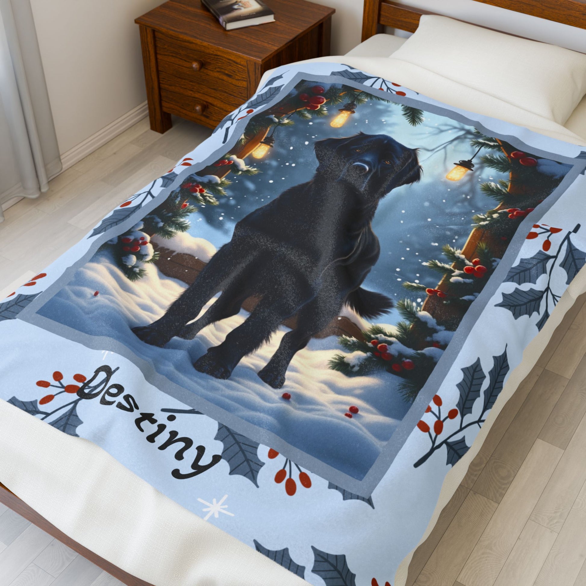 Golden Retriever Black custom winter blanket with friendly Golden Retriever artwork in a glowing lodge scene