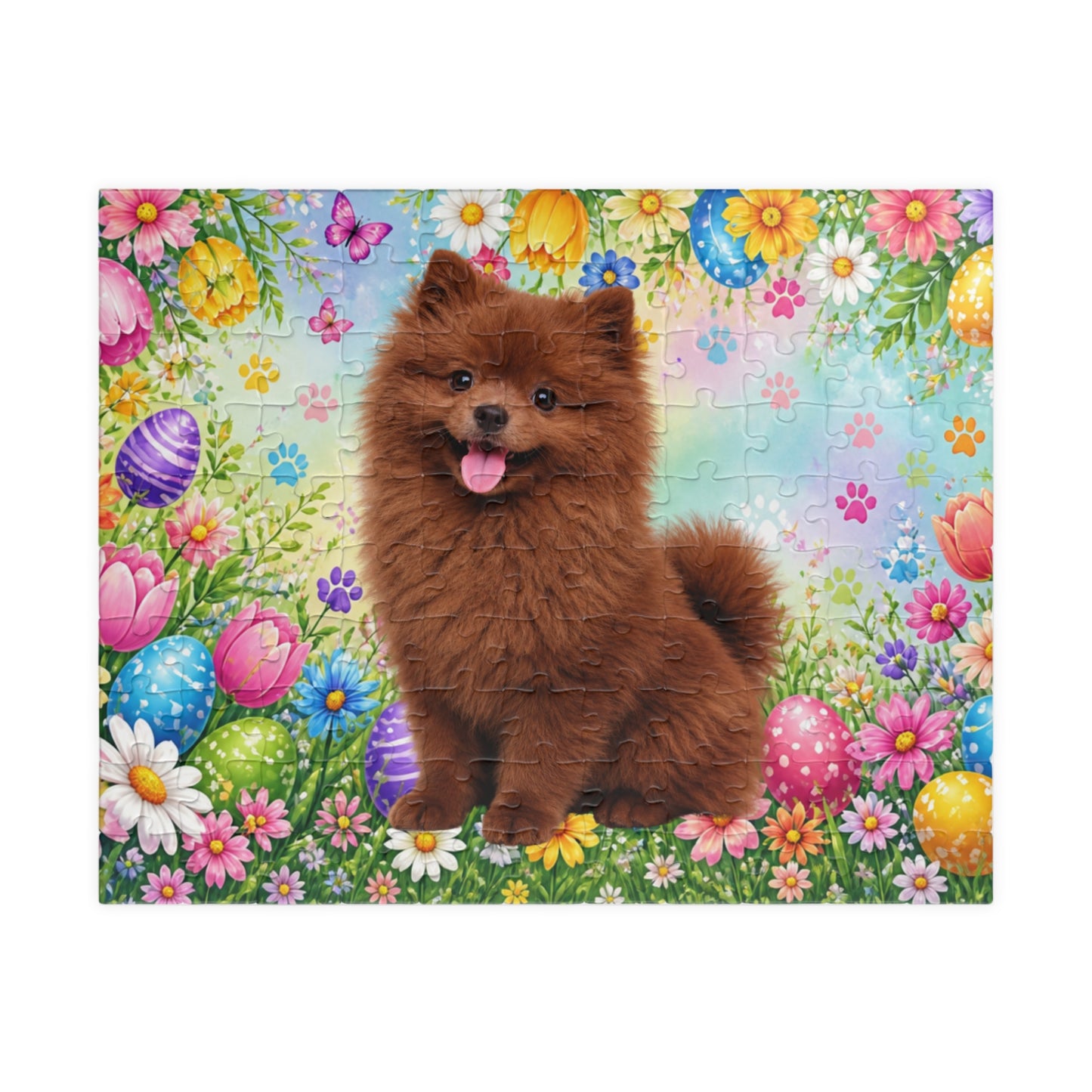 Pomeranian (Chocolate) Easter Puppy Puzzle - Spring Garden with Eggs, Tulips, and Daisies