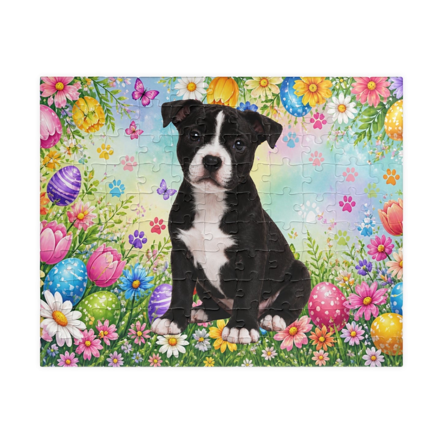 Pitbull (Black & White) Easter Puppy Puzzle - Spring Garden with Eggs, Tulips, and Daisies