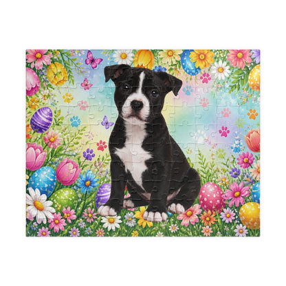 Pitbull (Black & White) Easter Puppy Puzzle - Spring Garden with Eggs, Tulips, and Daisies