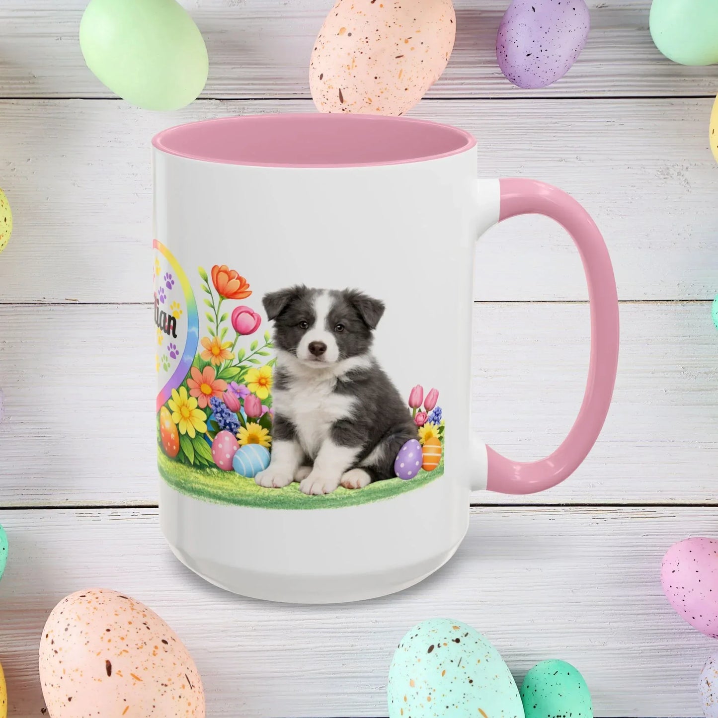 Shop our border collie blue white puppy easter mug featuring the 15oz style option from MySisterIsASurvivor.
