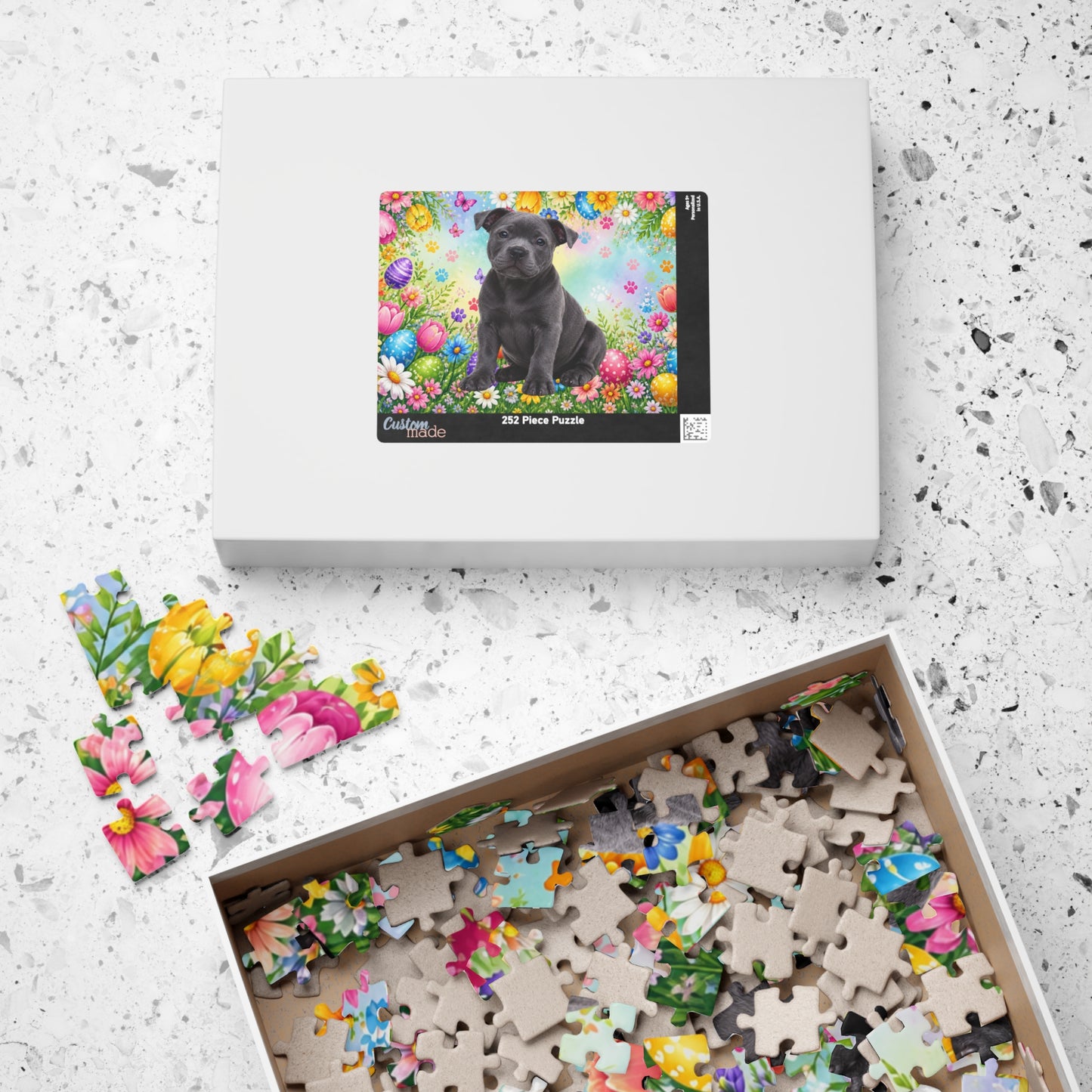 Pitbull (Blue) Easter Puppy Puzzle - Spring Garden with Eggs, Tulips, and Daisies
