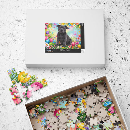 Pitbull (Blue) Easter Puppy Puzzle - Spring Garden with Eggs, Tulips, and Daisies