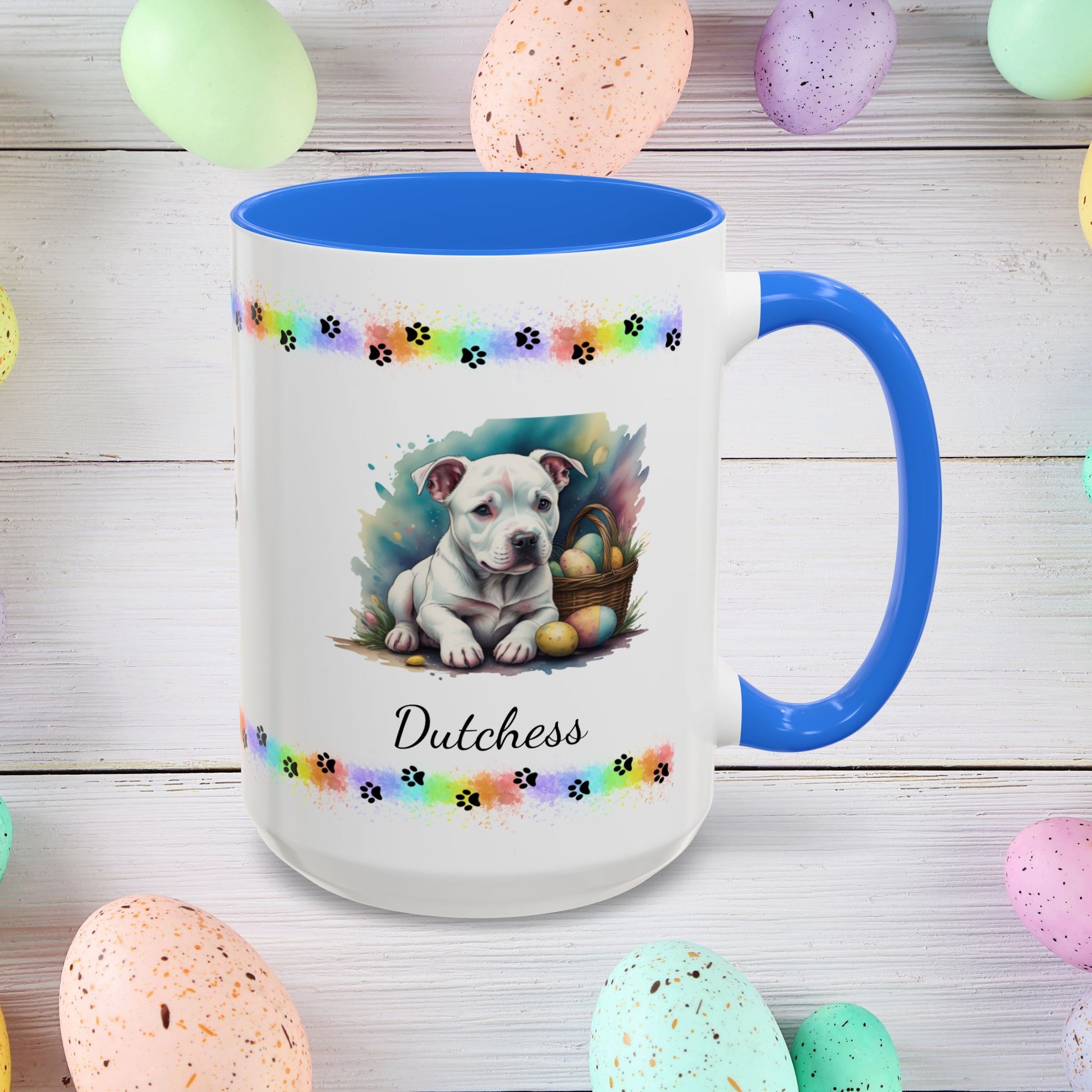 Pitbull (White): Personalized Easter Puppy Coffee Mug - Adorable Dog Design, Mental Health Gift, 11oz & 15oz, 12 Color Choices, Easter Gifts & Décor