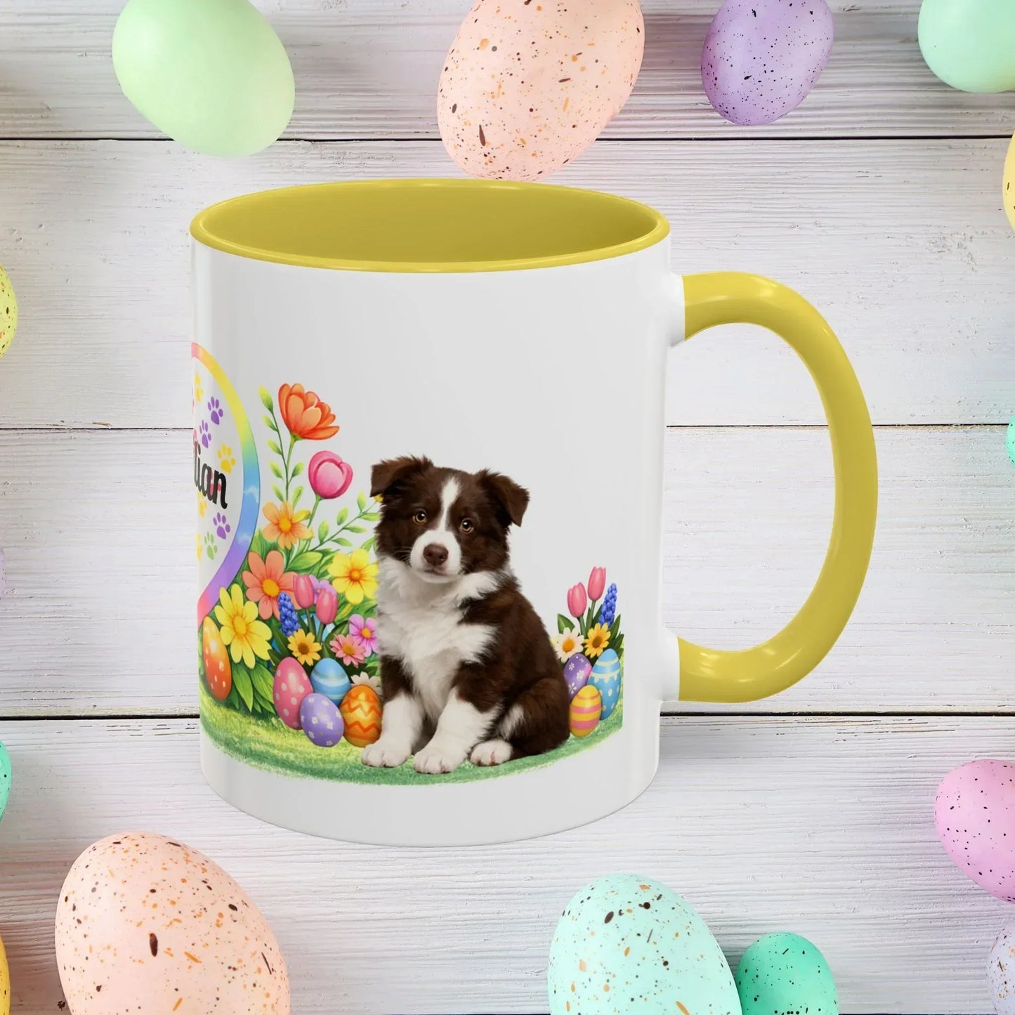 Shop our border collie chocolate white puppy easter mug featuring the 15oz style option from MySisterIsASurvivor.