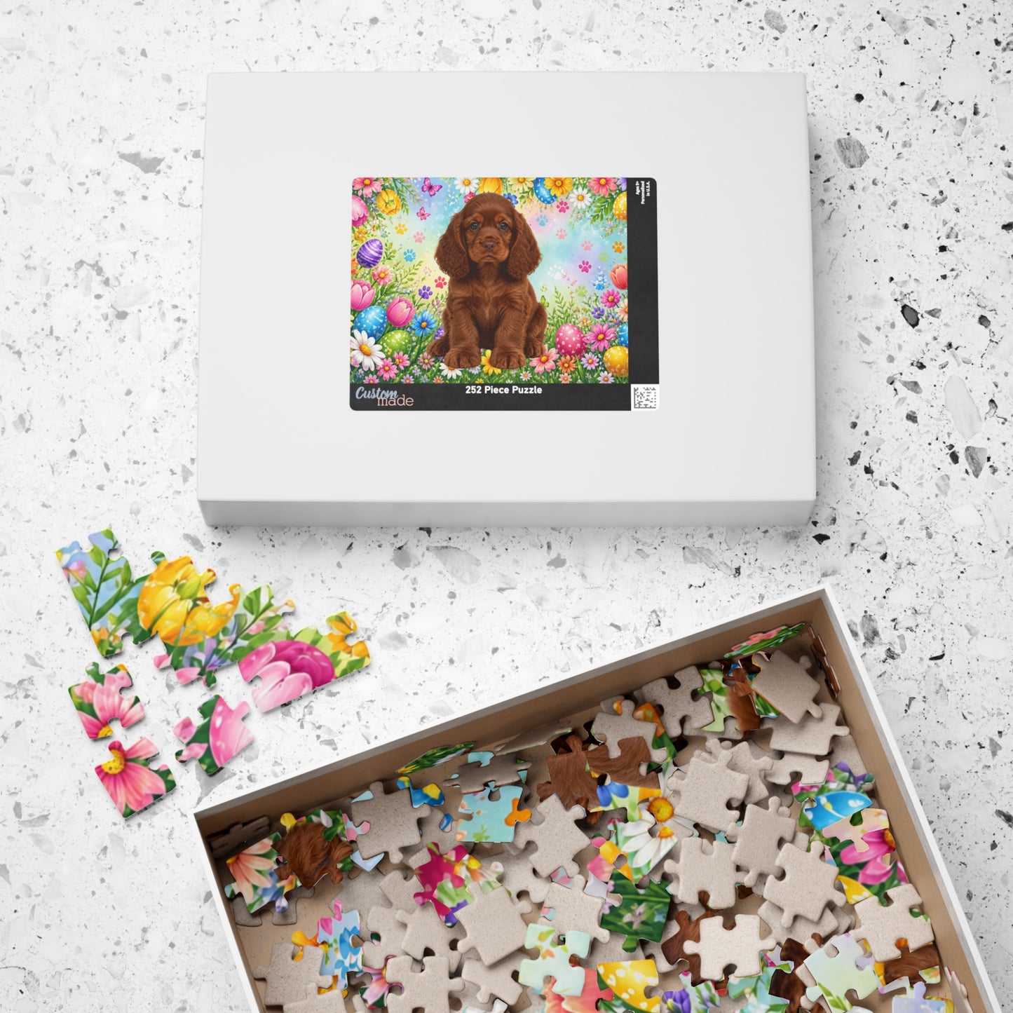 American Cocker Spaniel (Liver) Easter Puppy Puzzle - Spring Garden with Eggs, Tulips, and Daisies