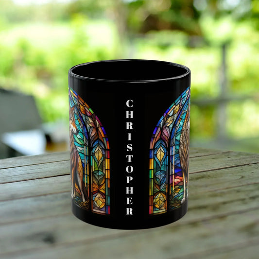 Shop our wolf stained glass zoo animals ceramic black mug featuring the 15oz style option from MySisterIsASurvivor.