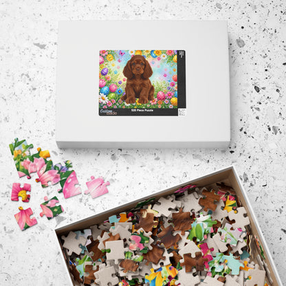 American Cocker Spaniel (Liver) Easter Puppy Puzzle - Spring Garden with Eggs, Tulips, and Daisies