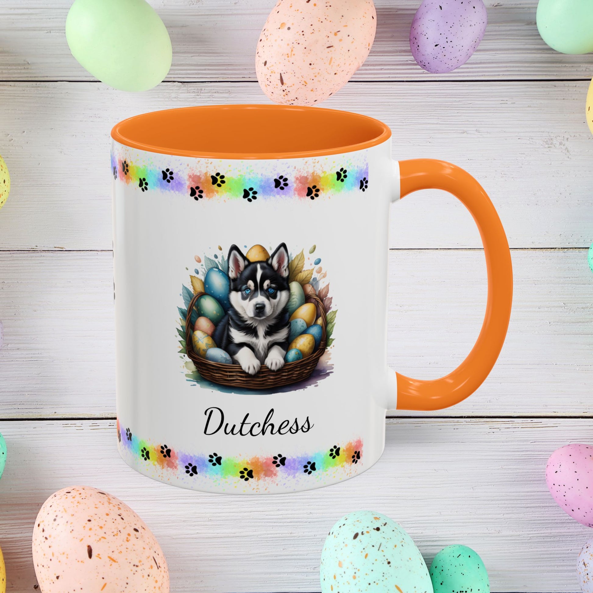 Siberian Husky: Personalized Easter Puppy Coffee Mug - Adorable Dog Design, Mental Health Gift, 11oz & 15oz, 12 Color Choices, Easter Gifts & Décor