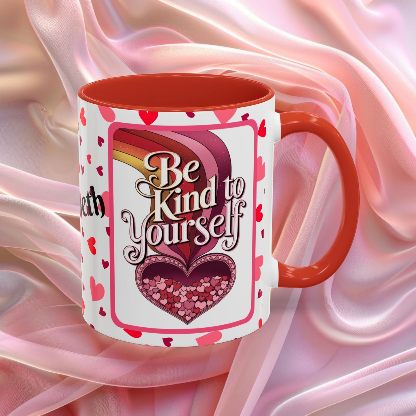Be Kind To Yourself Valentines mug with self care message, red and pink Valentine design, affirmation coffee cup