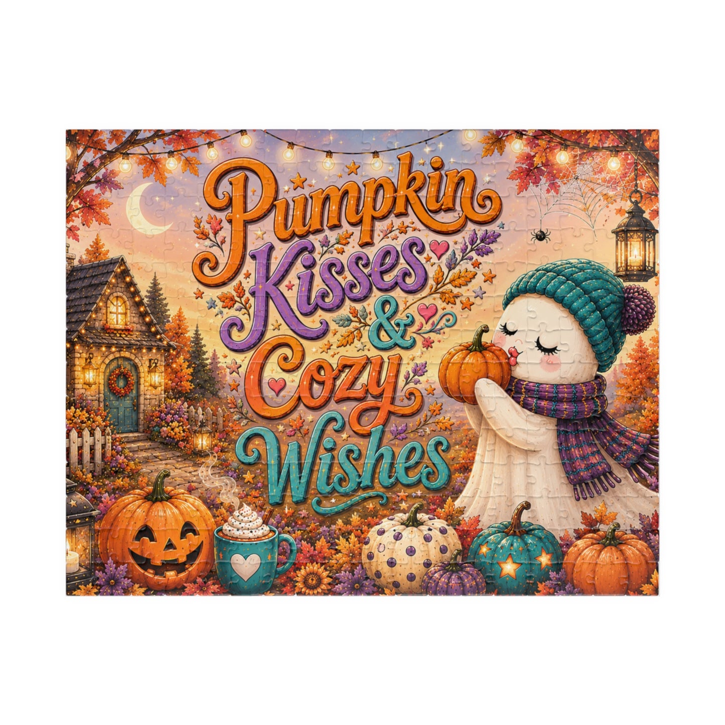 Pumpkin Kisses & Cozy Wishes Halloween Puzzle - Beanie Ghost with Pumpkins, Heart Mug, and Fall Leaves
